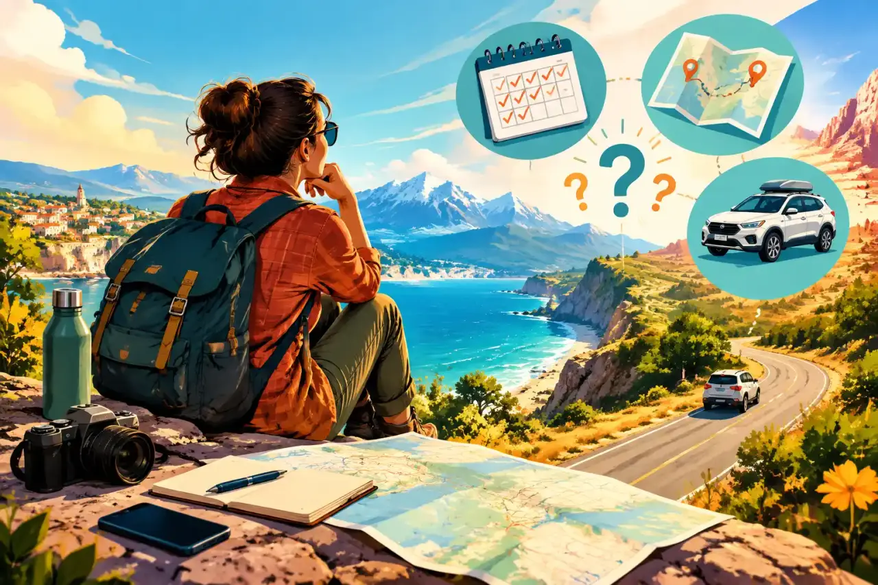 Voyageur en solo devant une route colorée, avec une carte et des bagages
