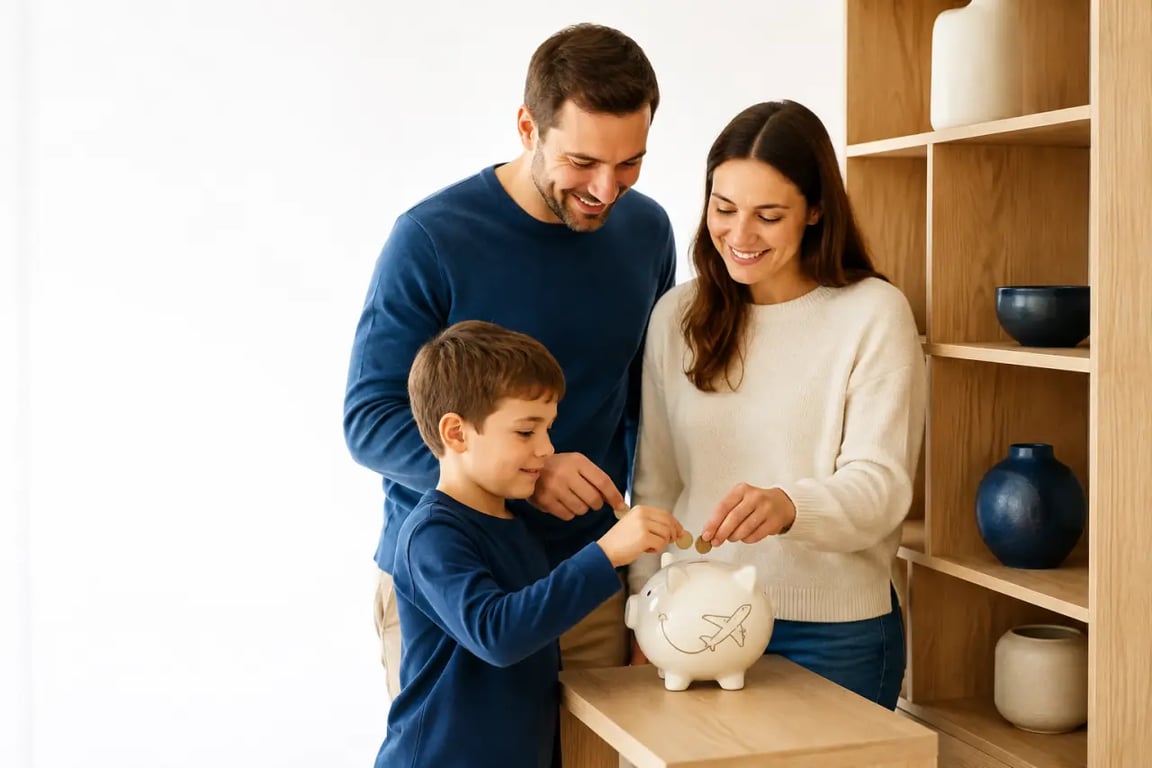 Une famille utilise une tirelire pour voyage pour économiser ensemble