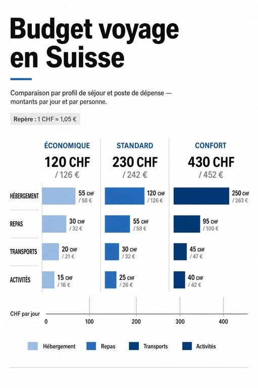 Budget voyage suisse : comparaison visuelle des dépenses en CHF et en euros par profil de séjour