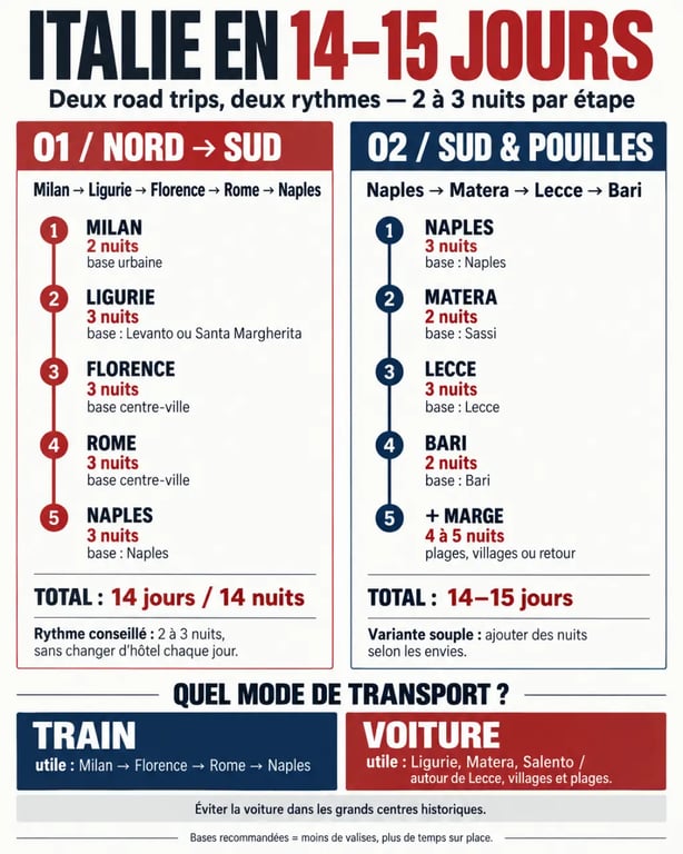 Itinéraires de road trip Italie 2 semaines avec étapes, nuits et transports