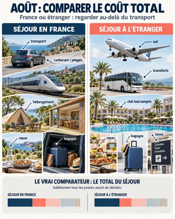 Infographie sur les critères pour choisir un voyage pas cher en août en France ou à l’étranger