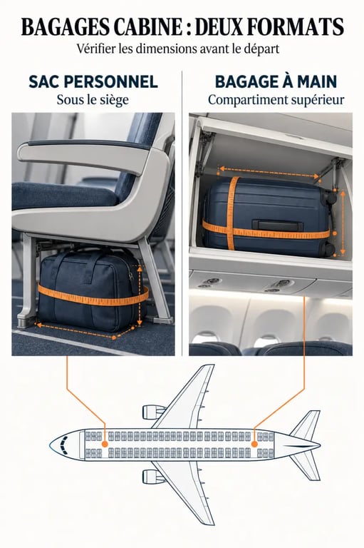 Sac cabine avion sous le siège ou dans le compartiment supérieur avec vérification des dimensions