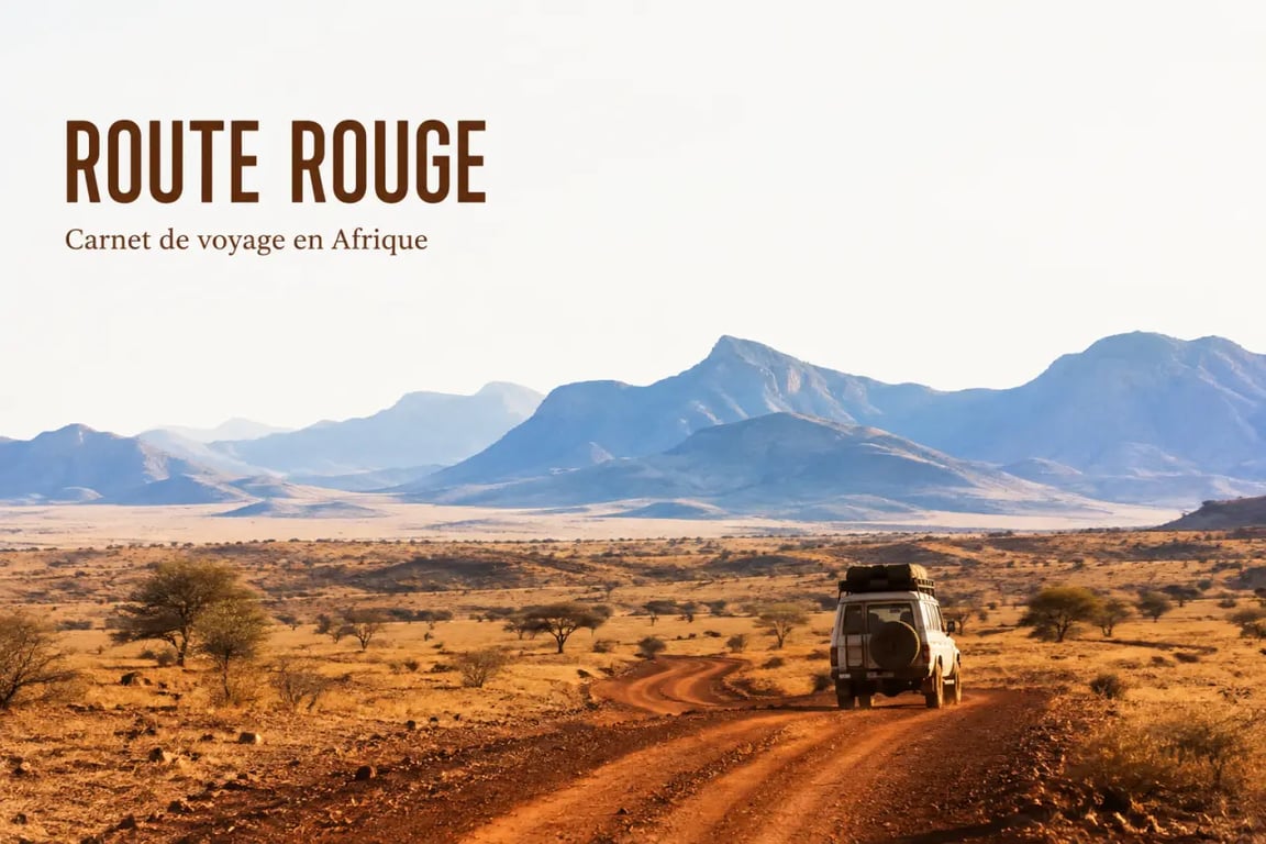 Road trip Afrique en 4x4 sur piste rouge dans un paysage de savane et de montagnes