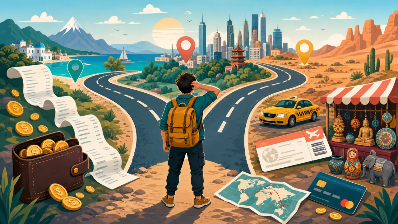 Illustration colorée d'un voyage en solo avec valise, cartes et formes géométriques