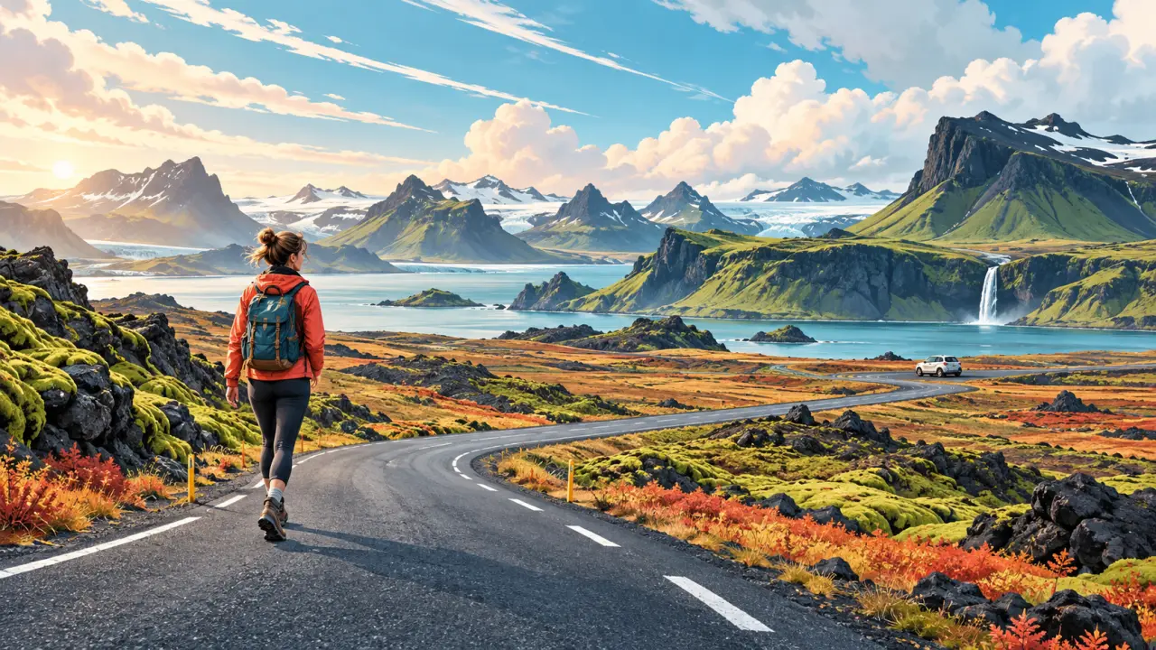 Paysage coloré d'Islande avec une route, des montagnes et un voyageur solitaire