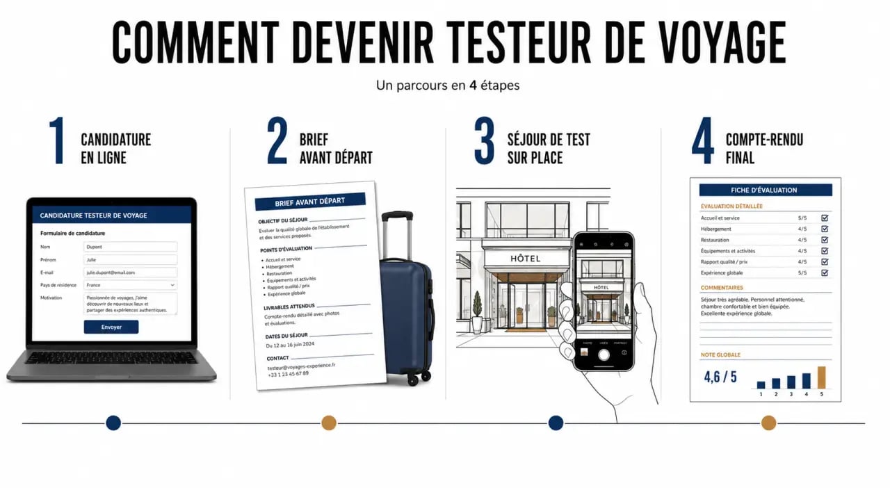 Illustration de comment devenir testeur de voyage avec les étapes candidature, brief, séjour et compte-rendu