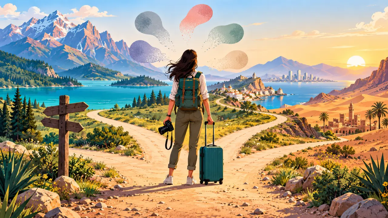 Voyageur solo devant un paysage coloré, avec une valise et une carte du monde