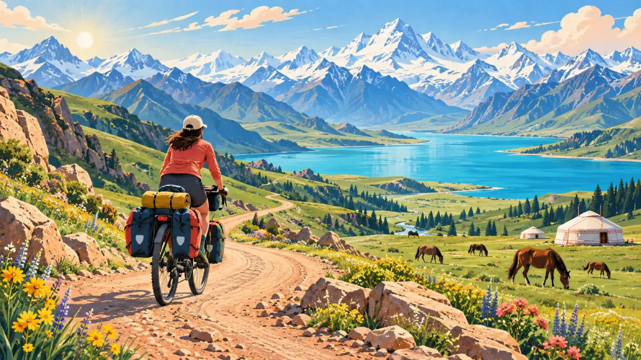 Cycliste à vélo sur une piste montagneuse du Kirghizistan