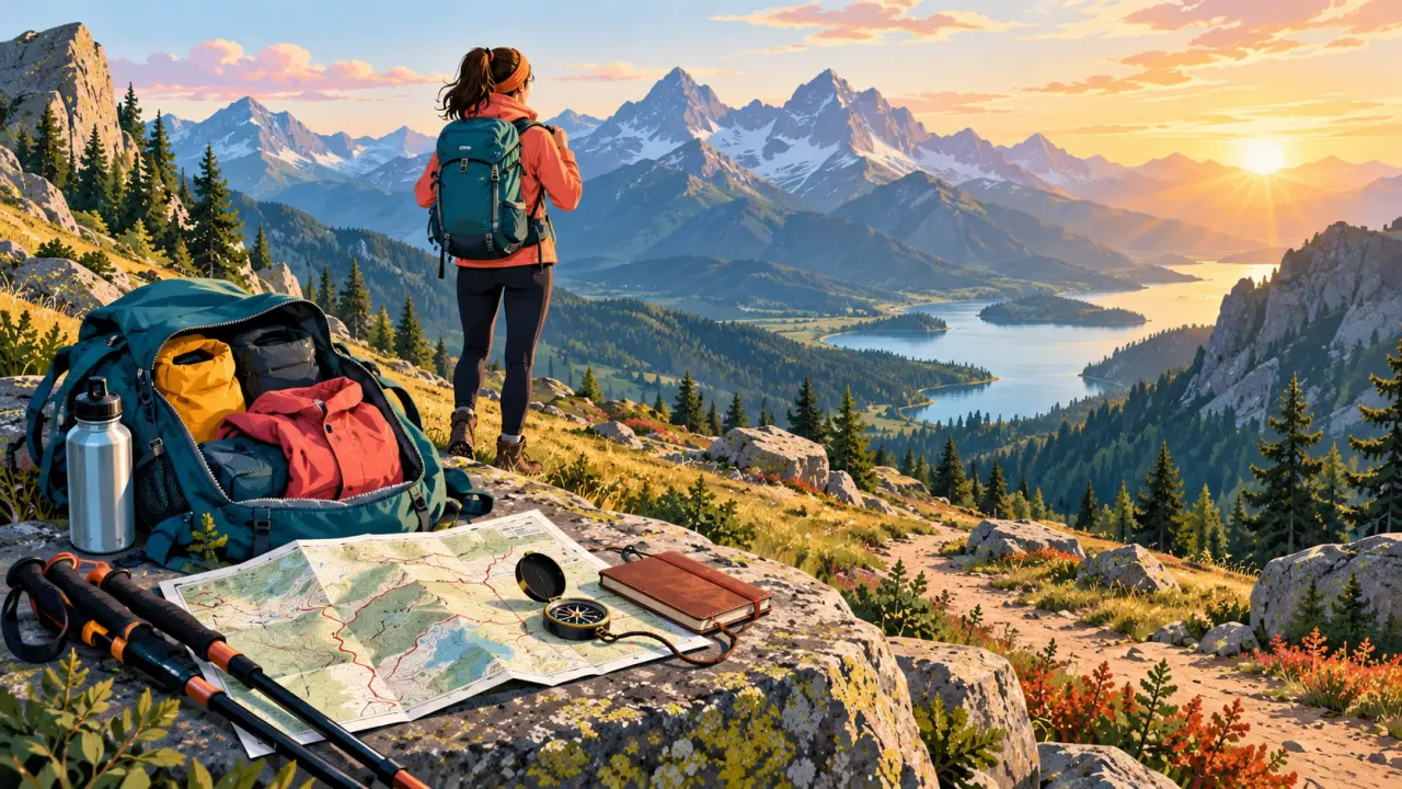 Sac à dos posé sur un sentier de montagne au départ d'un trek solo