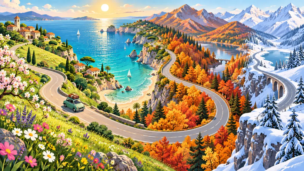 Composition colorée représentant une valise et des paysages de voyage au fil des saisons