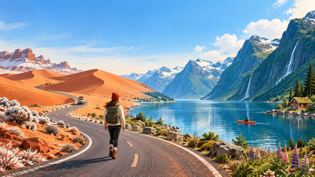 Paysage de désert en hiver et fjords nordiques baignés par la lumière d'été