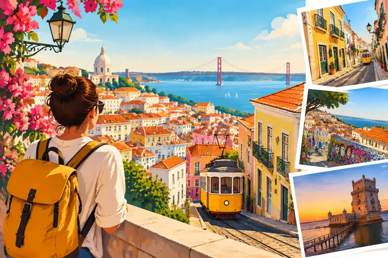 Vue colorée de Lisbonne avec ses façades, ses collines et le tramway jaune