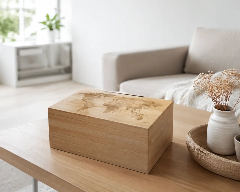 Boîte en bois tirelire pour voyage décorative sur un meuble