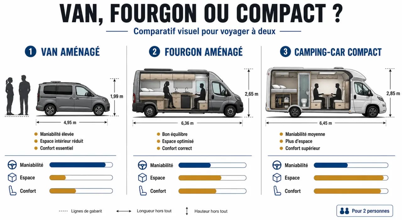 Comparaison camping-car compact 2 personnes entre van aménagé, fourgon aménagé et camping-car compact