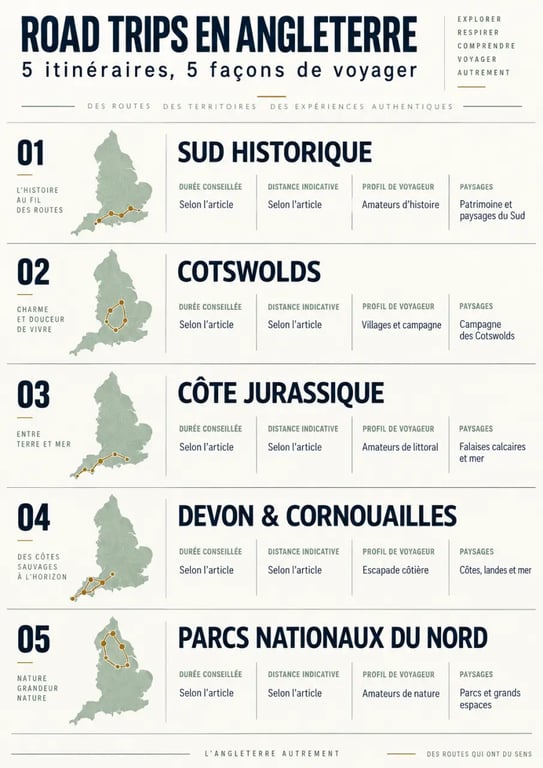 Infographie des itinéraires de road trip en Angleterre selon la durée et les paysages