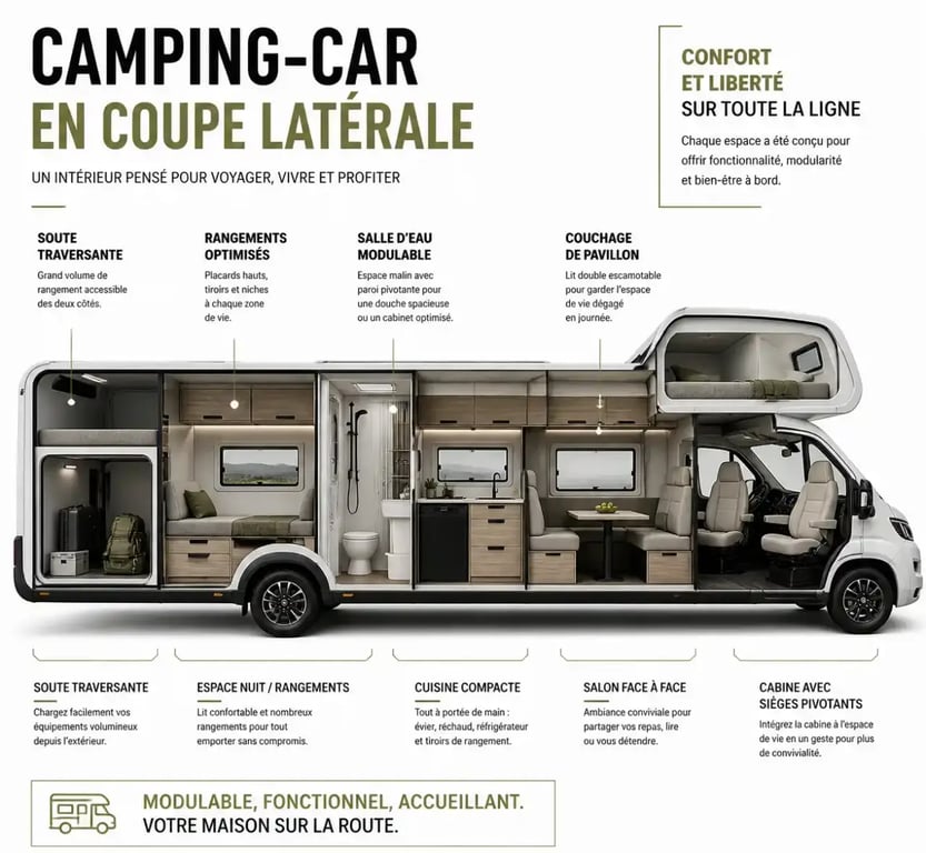 Schéma du camping car interieur avec cabine, salon, cuisine, salle d'eau et rangements