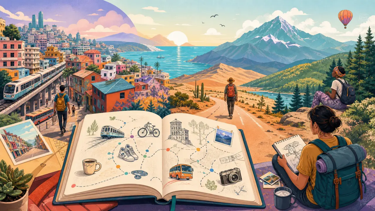 Illustration Memphis d'une valise ouverte, avec formes géométriques et symboles de voyage