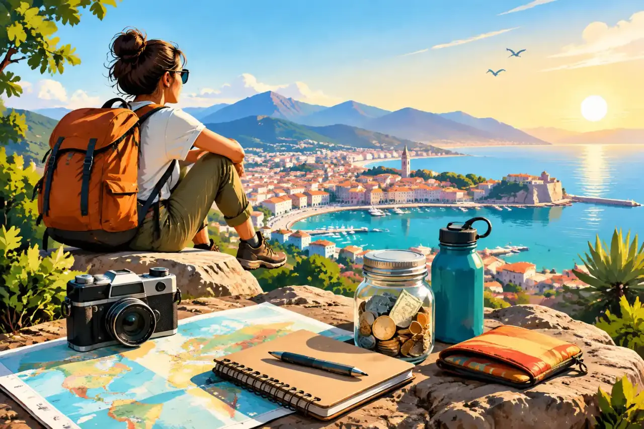 Valise colorée prête pour un voyage solo à petit budget