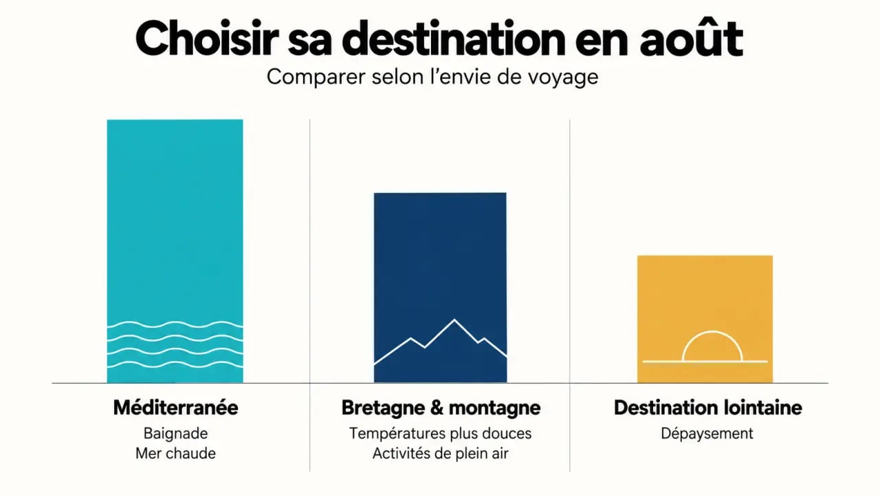 Infographie pour choisir où aller en vacances en aout selon la chaleur, la baignade et les activités