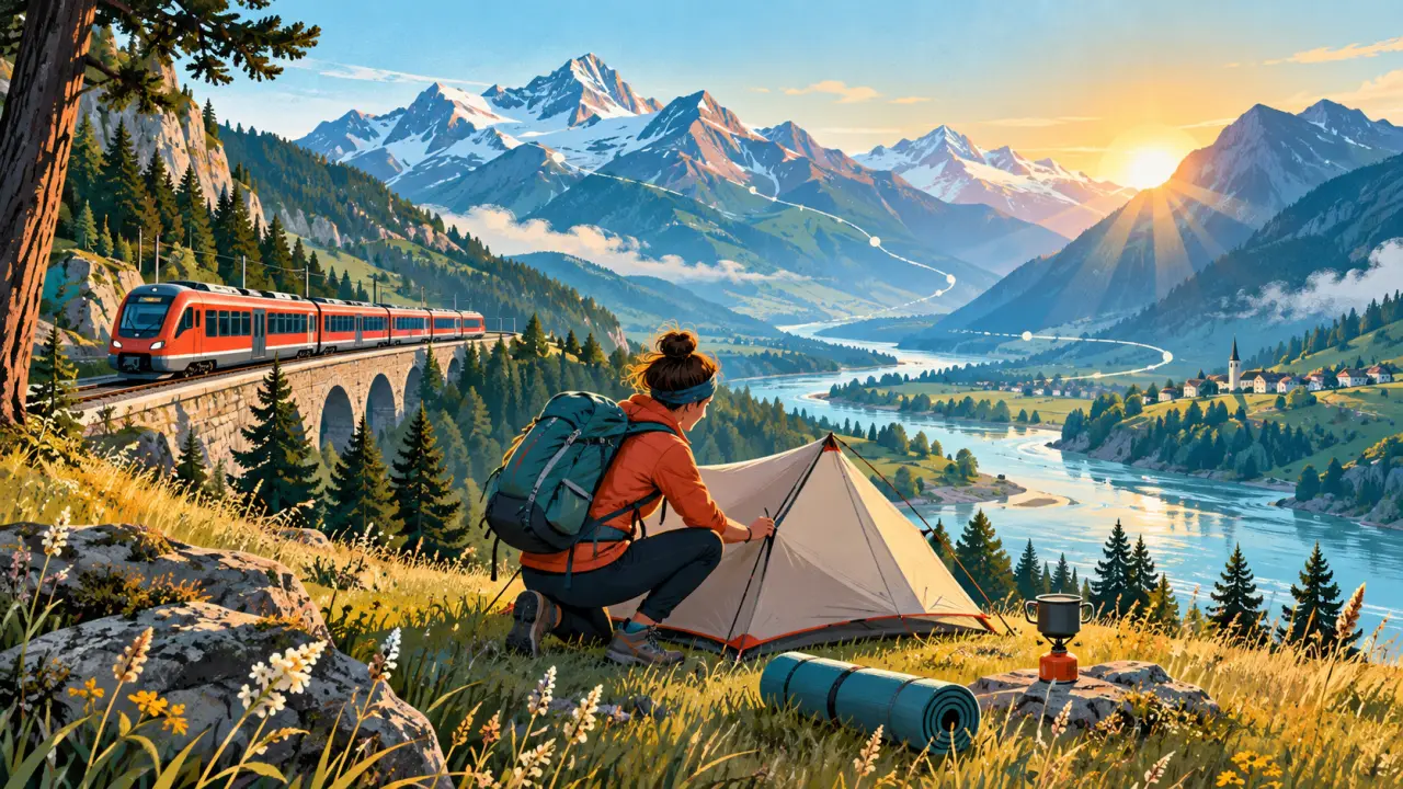 Valise de voyage, tente légère et train régional dans un paysage coloré