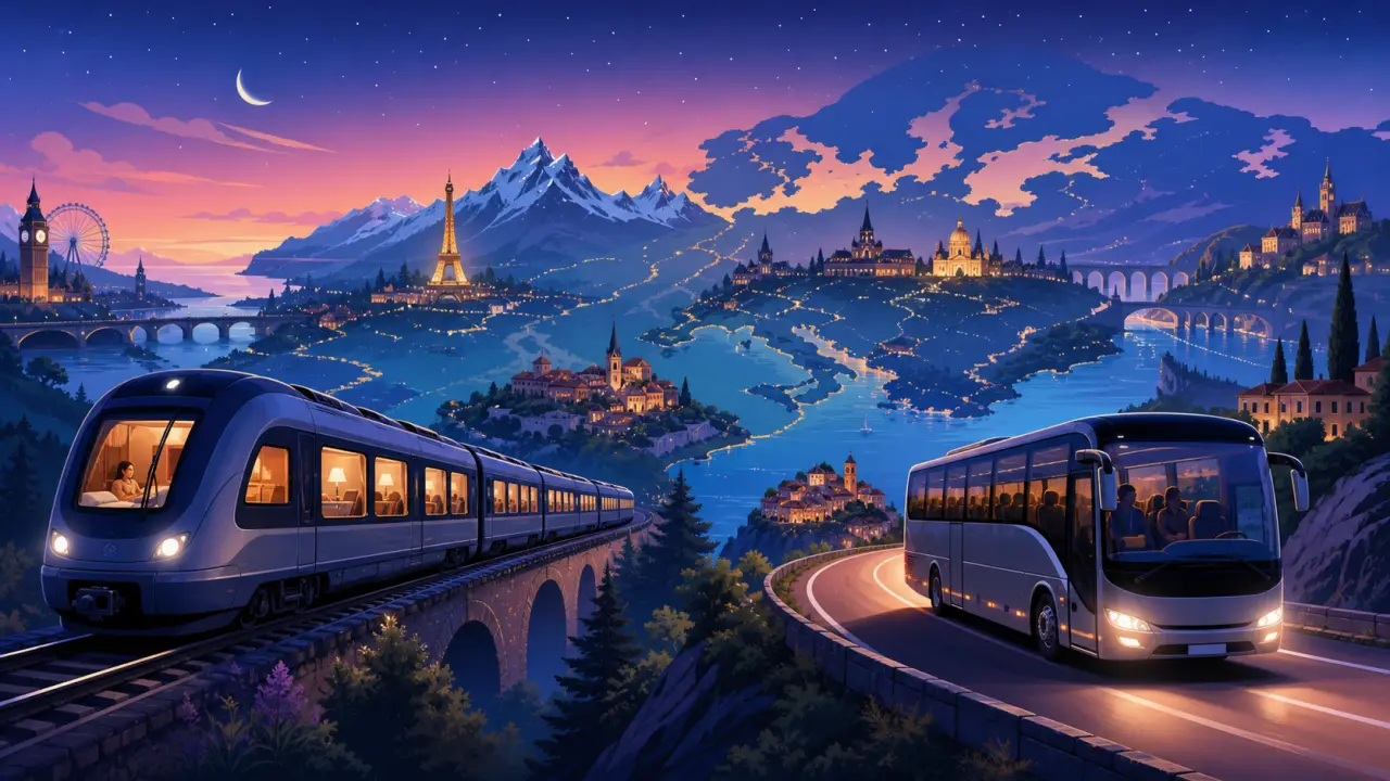 Illustration Memphis d'une valise ouverte avec des formes géométriques colorées évoquant le voyage de nuit en Europe