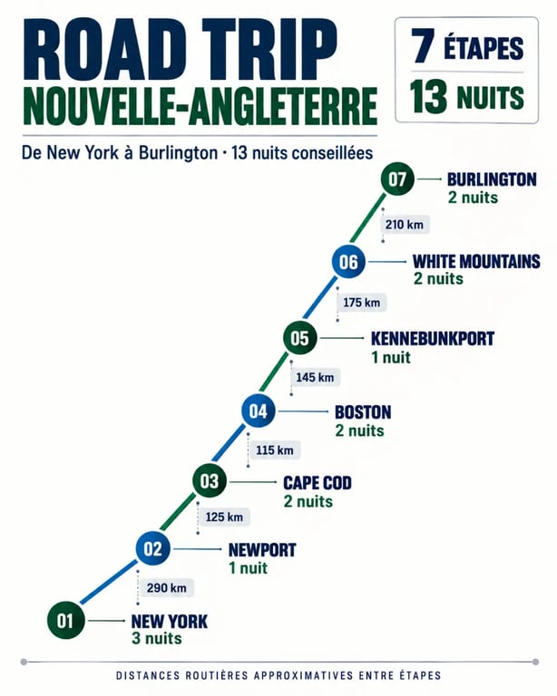 Infographie d'un road trip côte Est USA de New York à Burlington avec étapes et nuits conseillées