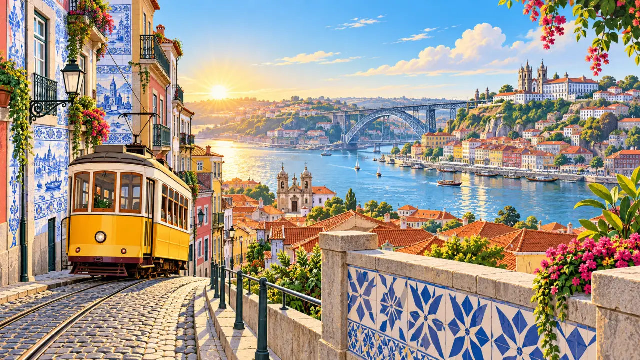 Vue colorée de Porto avec façades couvertes d'azulejos et tramway historique