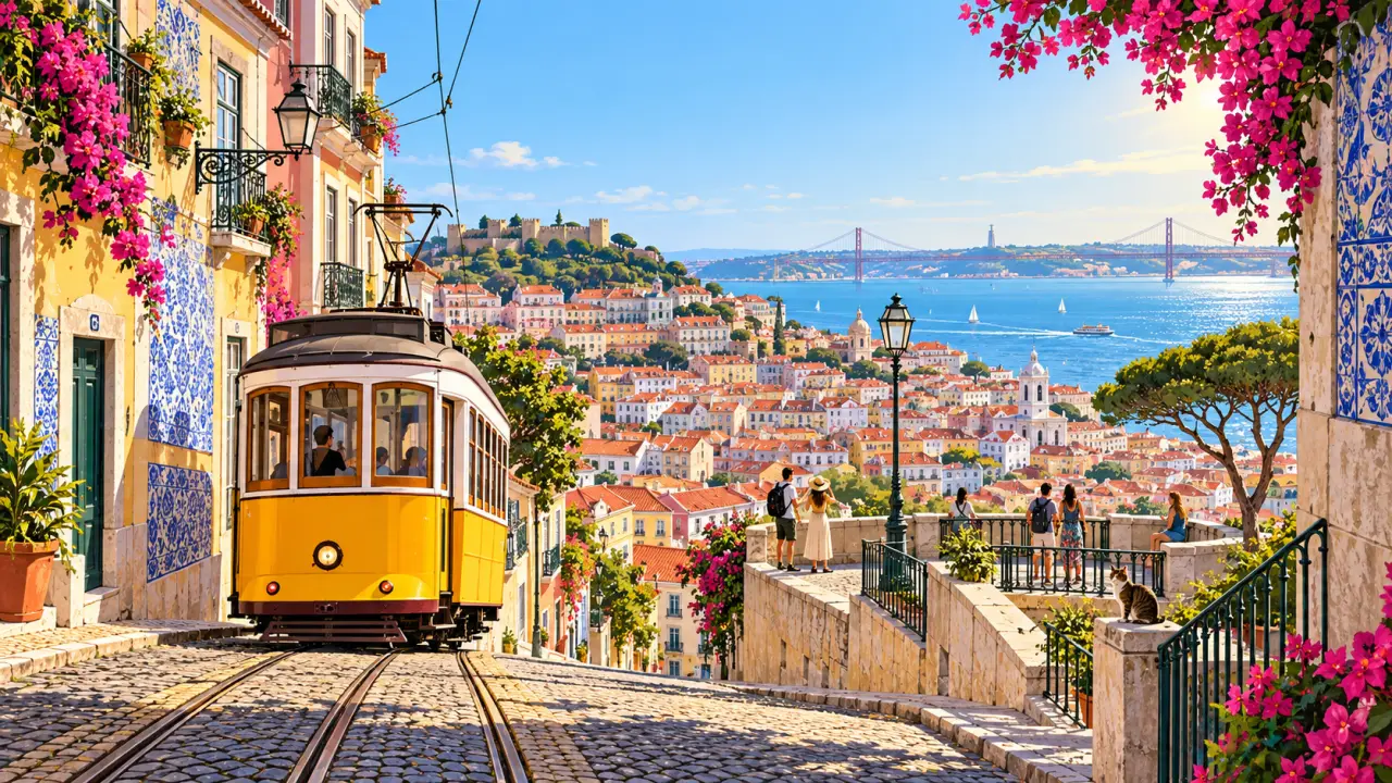 Tramway jaune dans une rue colorée de Lisbonne, entre azulejos et collines