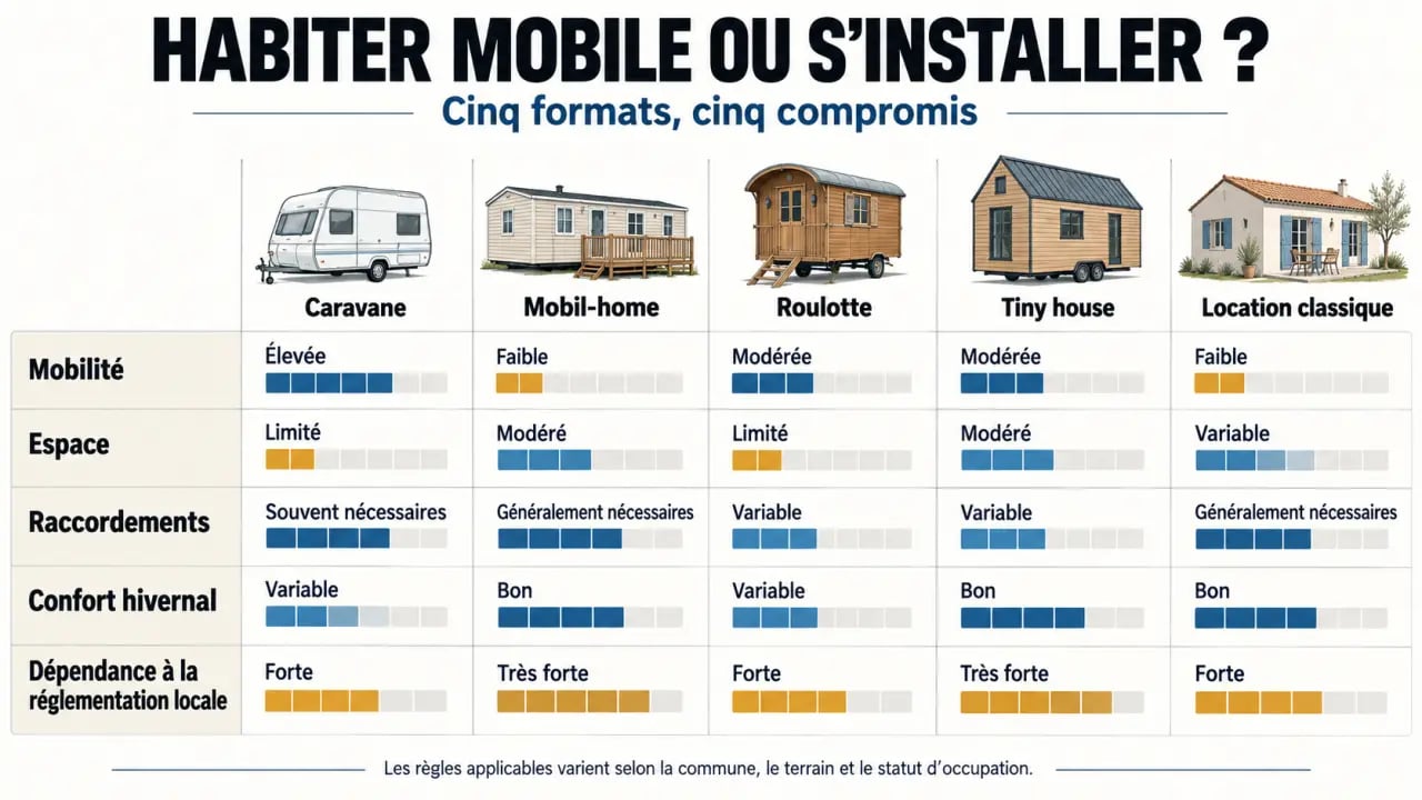 Infographie pour vivre en caravane : comparaison entre caravane, mobil-home, roulotte, tiny house et location classique