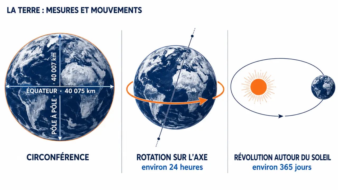 Tour de la Terre : circonférence, rotation sur elle-même et révolution autour du Soleil
